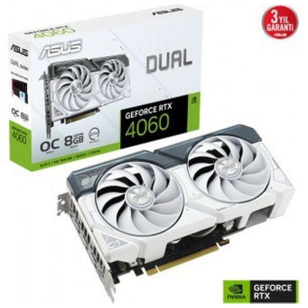 ASUS GFORCE RTX 4060 DUAL-RTX4060-O8G-WHITE 8GB GDDR6 128bit 2535MHz OC HDMI 3xDP DLSS3 EKRAN KARTI