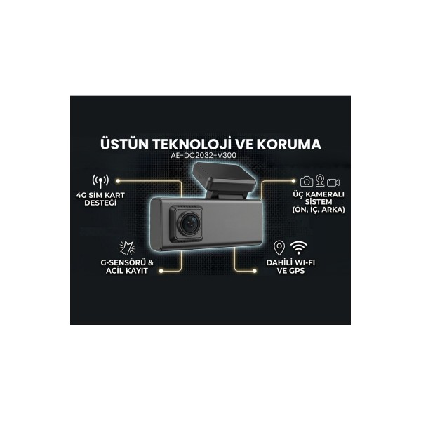 HIKVISION AE-DC2032-V300 4G Sim Kart Destekli HD G-Sensor ve Wi-Fi Üç Kameralı Araç İçi Kamera 
